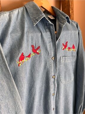 Denim Button-Down Shirt with Red Cardinal Embroidery